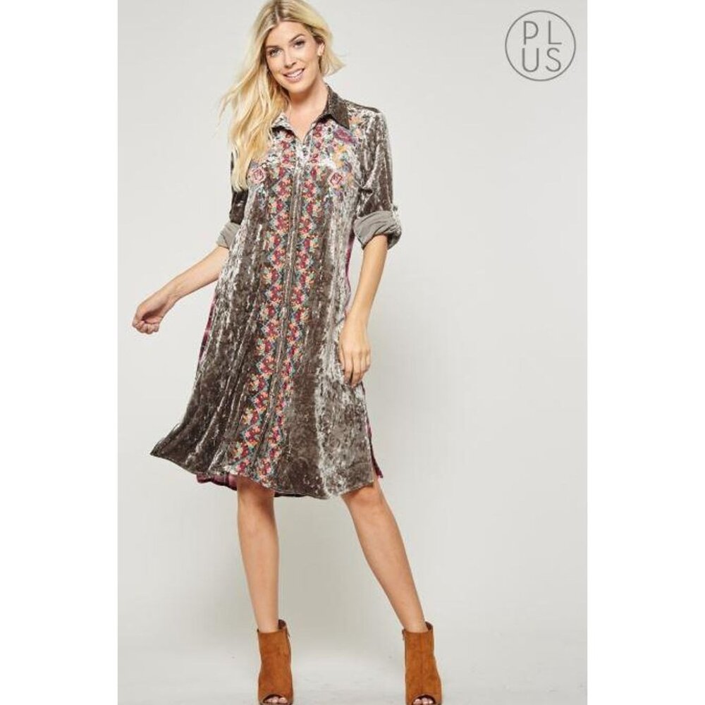 Andree By Unit Velvet Plaid Embroidered Button‎ Shirt Dress Tunic Boho L
